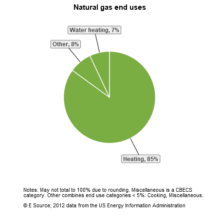 A pie chart showing natural gas end uses for municipal governments in the US Census division: heating, 85%; other, 8%; and water heating, 7%. The Other category includes cooking, and miscellaneous.